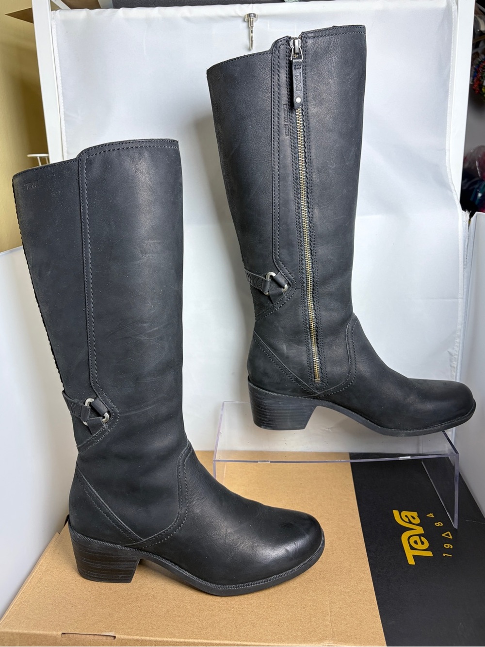 Teva Foxy Tall Waterproof Black Leather Riding Boots Size 9 Worn Once 1019224